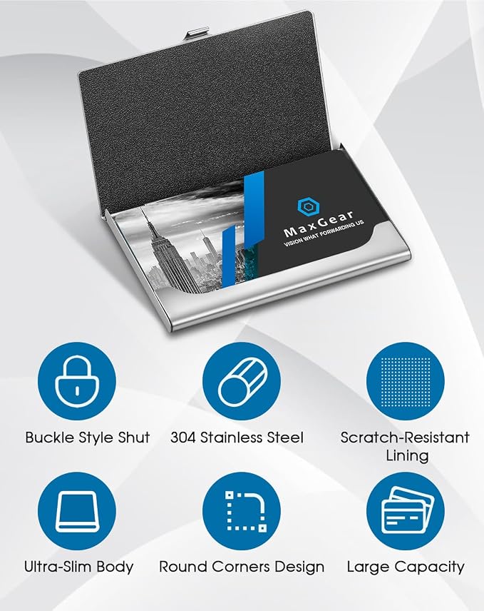 MaxGear Stainless Steel Business Card Holder, Slim Card Case, Walnut Wood | Soft Interior Lining, Buckle Closure, Fits Standard Business Cards and Credit Cards