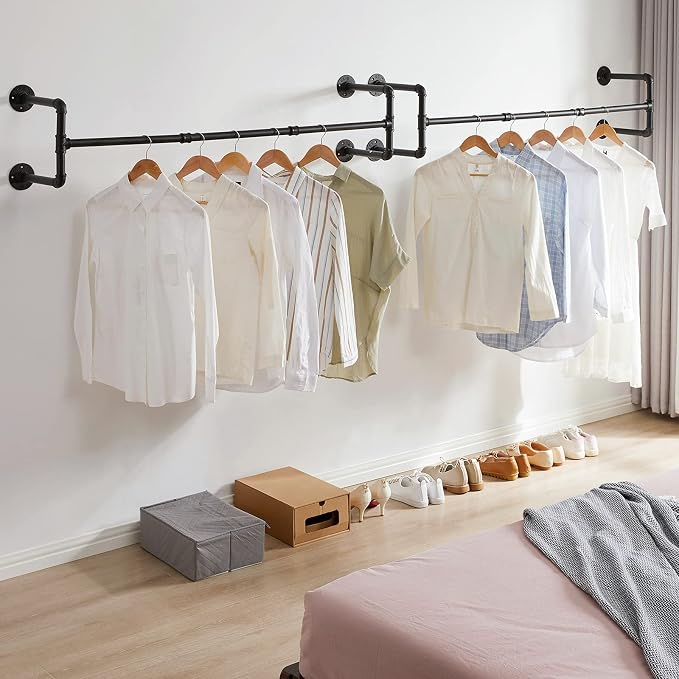 IBUYKE Industrial Pipe Clothes Rack Set of 2, 50 Inch Wall Mounted Clothing Rack, Space-Saving Hanging Closet Rod, Heavy Duty Multi-Purpose Garment Rack for Laundry Room(4 Bases), Black TYJ002H-2