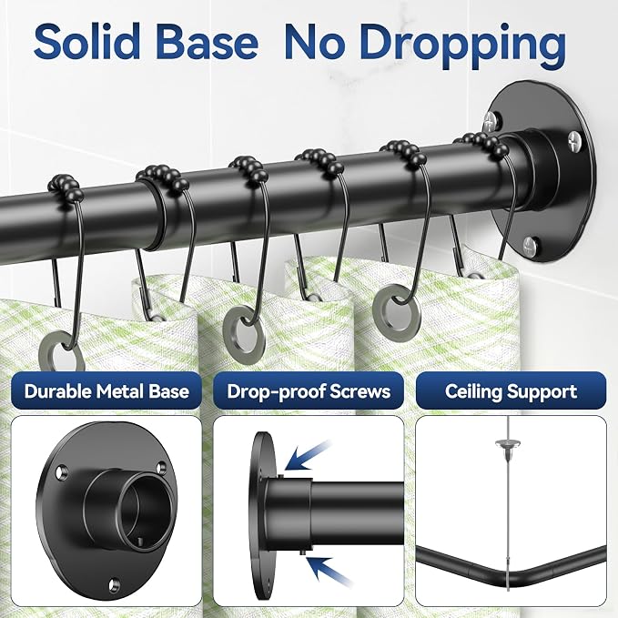 L Shaped Shower Curtain Rods, Adjustable (23''-69'' X 23''-69'') Corner Shower Rod with 12 Shower Curtain Rings, All 304 Stainless Steel, for Bathroom, Bathtub, Clothing Store, Need to Drill, Black