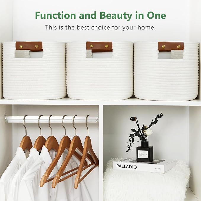 ECDYQXVU 15x10x9 Woven Cotton Rope Storage Basket, Leather Handles 3 Pack | Foldable Design, Sturdy PU Handles, Easy to Clean Organizer for Living Room, Closet, Shelves, Bedroom, Laundry, Clothes