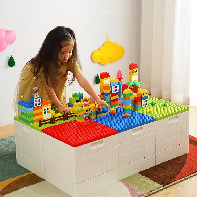SHIMOYAMA Folding Storage Box with Building Lid for Duplo Blocks, 26 Qt. Foldable Toy Container, 25L Collapsible Storage Bin with Building Baseplate for Lego Bricks, Blue
