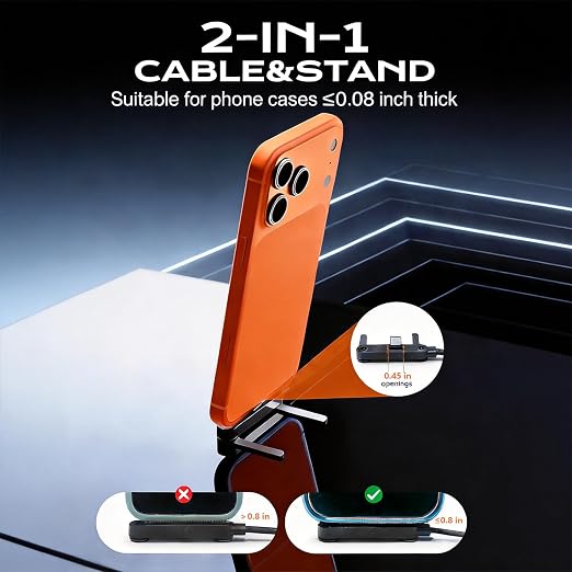 Invisible Holder Charger Cable, 65W PD Fast Charging Cable for Desk, USB-A & Type-C to Cable 4.9 FT with 360° Adjustable Metal Stand, 2 in 1 Holder Charger for Gaming, Office, Home