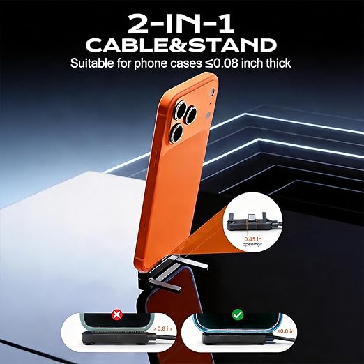 Invisible Holder Charger Cable, Fast Charging Cable for Desk, USB-A to Type-C (65W) & USB-A to Type-C (65W) Cable 4.9 FT with 360° Adjustable Metal Stand, 2 in 1 Holder Charger for Gaming, Office