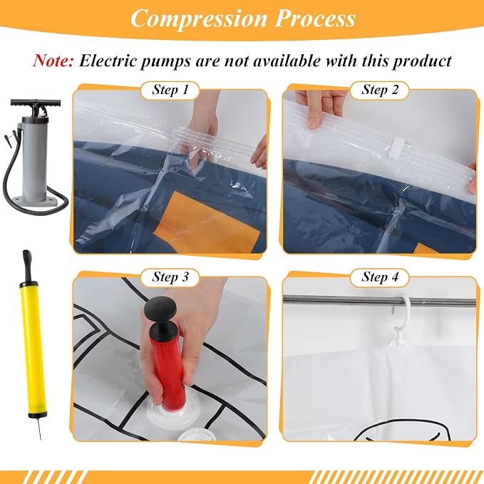 6 Pack Hanging Vacuum Storage Bags for Clothes,43 x 27 inch Reusable Vacuum | Garment Seal Bag,Space Saver Bags,Dustproof Extra Large XXL for Clothing Travel Suits, Coat,Jackets, Dresses, Jackets (Clear)