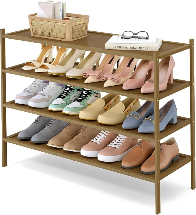 Smiry Bamboo Long Shoe Rack, 4 Tier Shoe Organizer for Entryway & Closet, Stackable Free Standing Storage Shelf for Shoes, Bags & Plants, Walnut