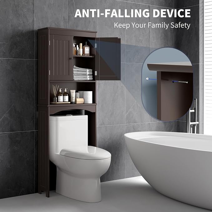 Bealife Over The Toilet Storage Cabinet with Open Shelf - Espresso | Over Toilet Bathroom Organizer with Adjustable Shelf and Double Doors, Space Saver Free Standing Storage Shelf for Bathroom