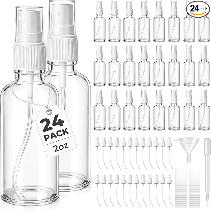 JTIEO 24 Pack 2oz(50ml) Small Glass Spray Bottle, Mini Travel Size, Clear Fine Mist Refillable Bottle for Essential Oils, Perfume & Hair, with Funnel, Pipette, 24 Spray Heads and 48 Waterproof Labels.