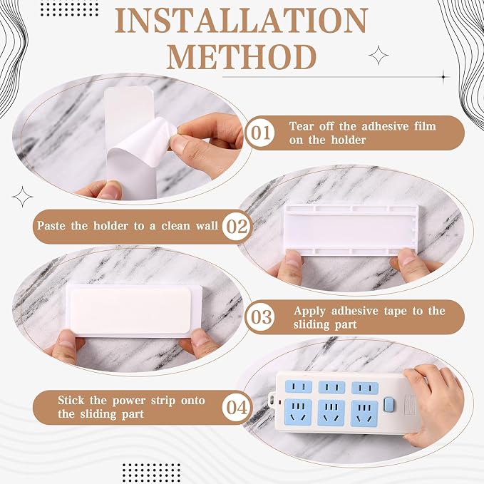 Yinkin 12 Pcs Power Strip Holder Self Adhesive Power Strip Wall Mounted Protector Punch Free Cable Management System Plug-in Surge Protector Holder for Computer Office