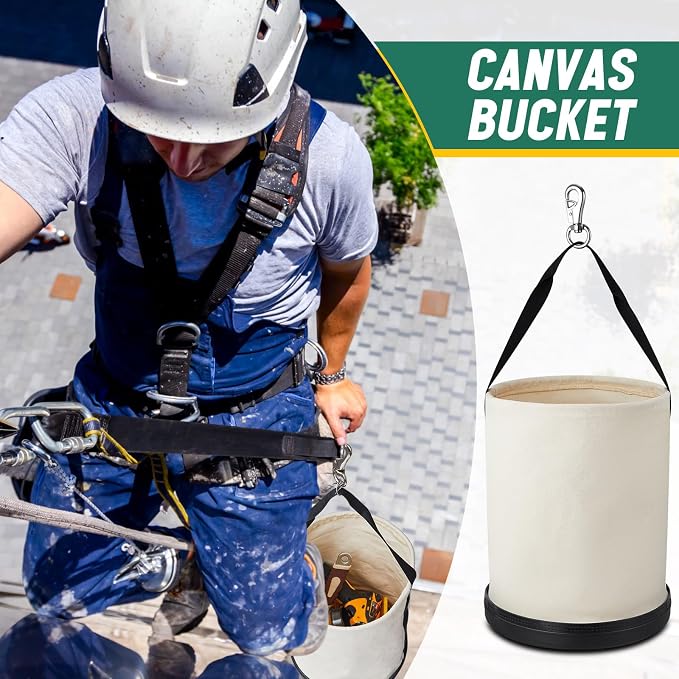 1 Pack Canvas Bucket 15" x 12" Heavy Duty Lineman Tool Bag with Plastic Bottom & Metal Hook Electrician Tool Organizer for Jobsite Use, Load Rated up to 150 Pounds (White)