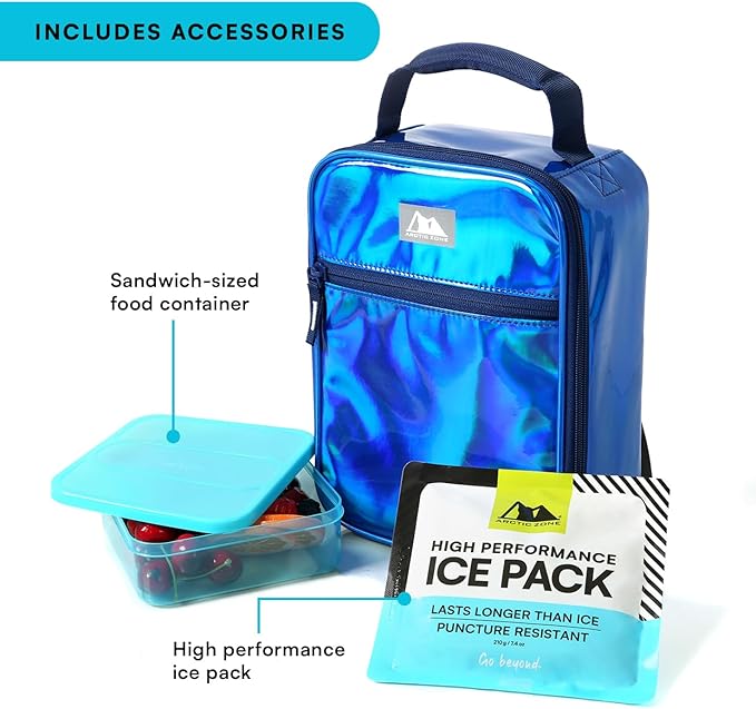 Arctic Zone Chrome Lunch Box Combo for Kids with Gel Ice Pack and Sandwich Container, Insulated Bag for Travel Lunch, Midnight