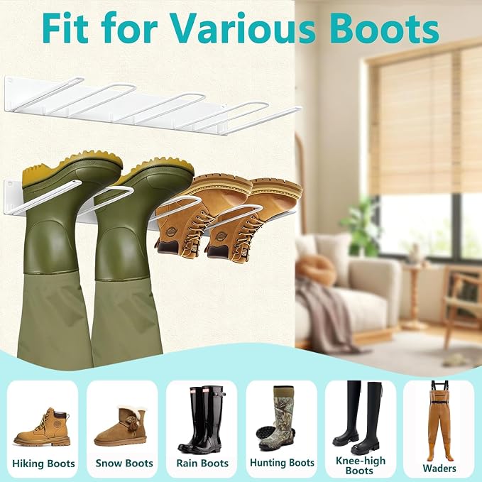 Boot Rack: Boot Hangers Wall Mount Holds 4 Pairs - Metal Wader Hangers Boots Storage Organizer Tall Boots Holder for Cowboy Garage Storage Closet Entryway Outdoor Drying, White