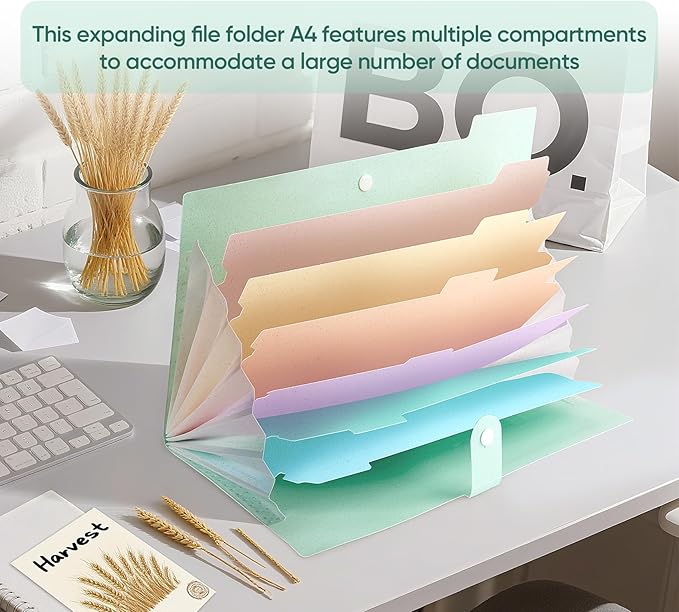 Agoer Accordion File Organizer with 7 Pockets,Eco-Friendly Wheat Straw Expanding File Folder,A4/Letter Size Portable Document Folder with Labels and Snap Closure for School Office College Supplies