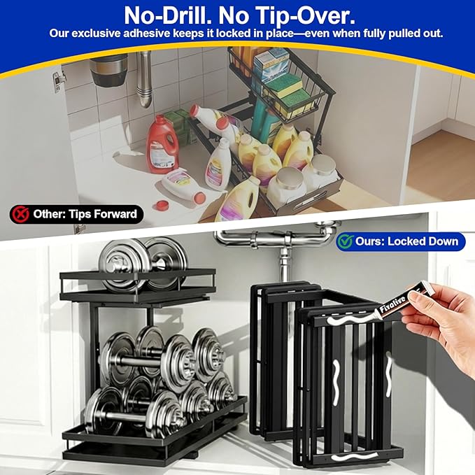 Under Sink Organizer, Dual-Rail Ball-Bearing, Under Kitchen Sink Organizer, 6-Level Adjustable, Under Cabinet Organizer, No-Drill Adhesive/Suction, Under Sink Storage (Black, Double Layer - 2 Pack)