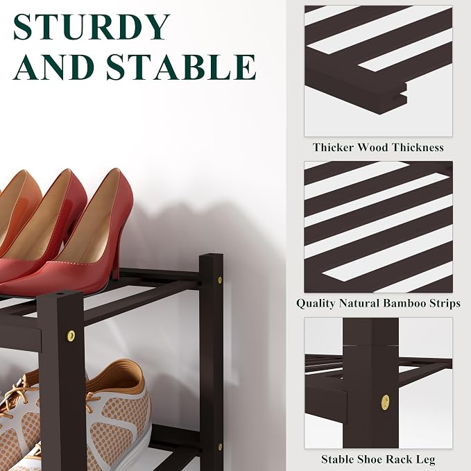Smiry Bamboo Shoe Rack for Closet, 5 Tier Small Wooden Shoe Organizer, Stackable Wood Shoe Storage Shelf for Entryway, 14 Vertical Slats, 2+3 Stack Heavy-Duty Legs, 17.32"x11.02"x31.3", Brown