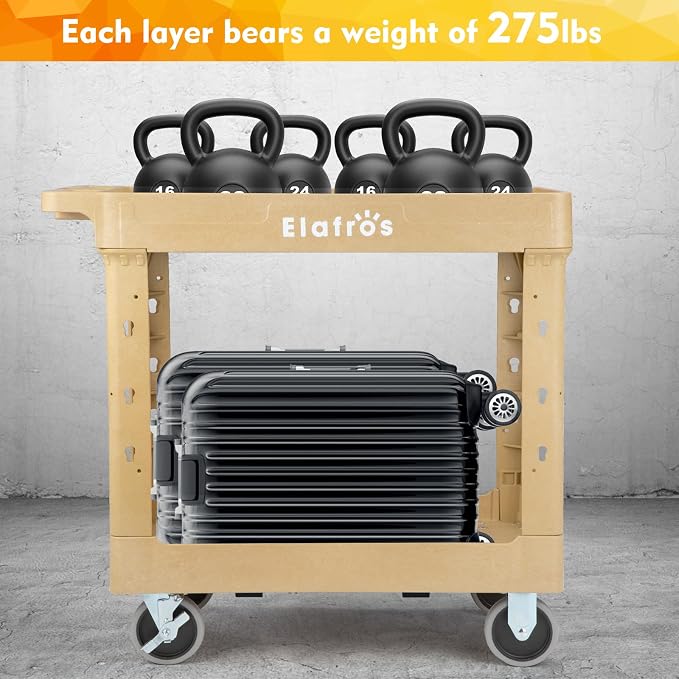 ELAFROS 2-Tier Heavy Duty Rolling Cart, 34 x 17 in, 2 Fixed 2 Swivel, Sand | 550 lbs Capacity, Deep Tub Shelves, Plastic Utility Cart, Service Cart, Work Cart, Tool Cart, Tub Storage, Warehouse Garage