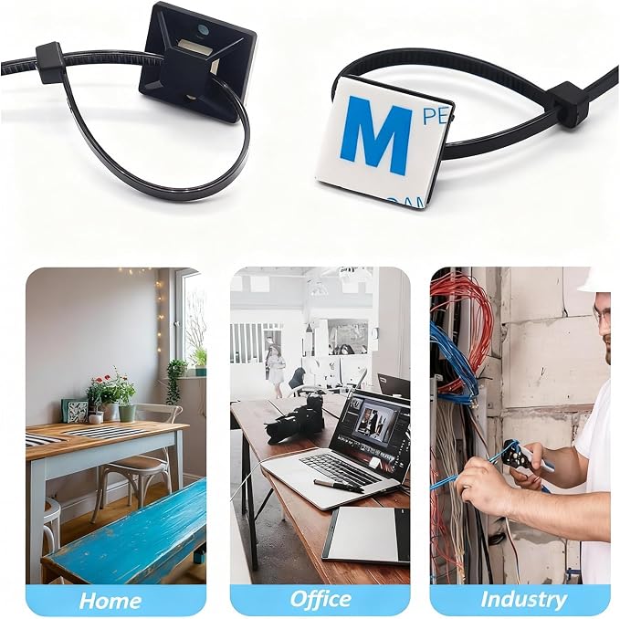 Strong Back-Glue Self Adhesive Cable Zip Tie Mounts Kit - 50 Set Cable Management Clips with 6" Zip Ties, Wire Holders - Outdoor Sticky Wire Organizer Clips-Black (50 Set, Black)