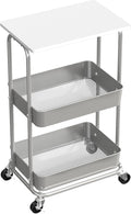 Simple Houseware 2-Tier Rolling Utility Cart Wood Top/Lockable Wheel, White | Metal Storage Organizer Trolley for Kitchen, Bathroom, Office, Craft Room