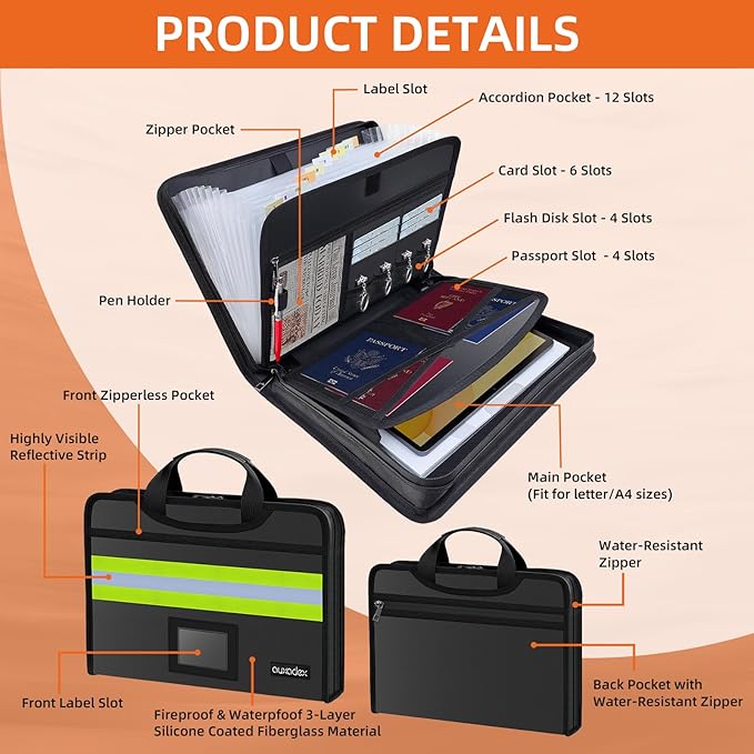 Fireproof Accordion Document Bag, Water-Resistant File Organizer, 12 Pockets 2200°F, with Reflective Strip, Fire Safe Storage for A4 Letter and Other Sizes Important Documents - Black
