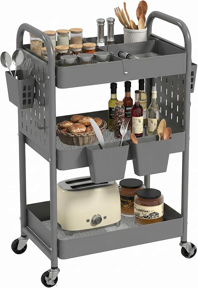 danpinera 3 Tier Rolling Cart with Retractable Dividers, Multi-Functional White Rolling Utility Cart with Pegboards, Hooks & Hanging Cups for Nursery, Living Room, Studio