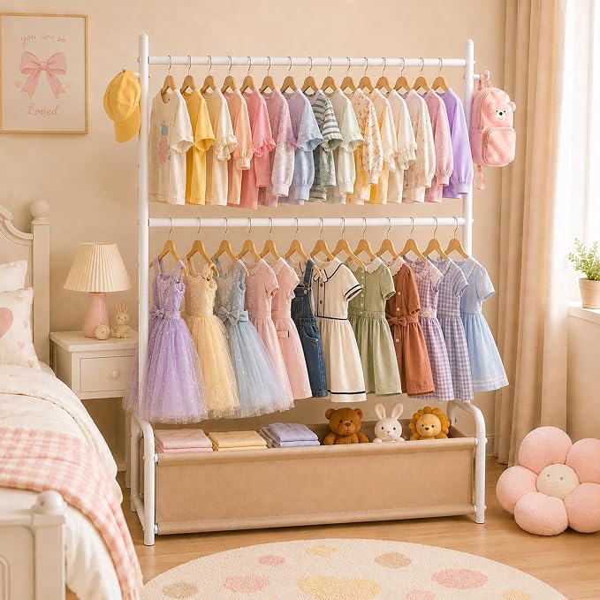 Kids Clothing Rack with Double Rod, Storage Basket & Hooks, Height Adjustable Kids Clothes Rack, Portable Baby Dress Up Garment Rack for Princess Dresses, White