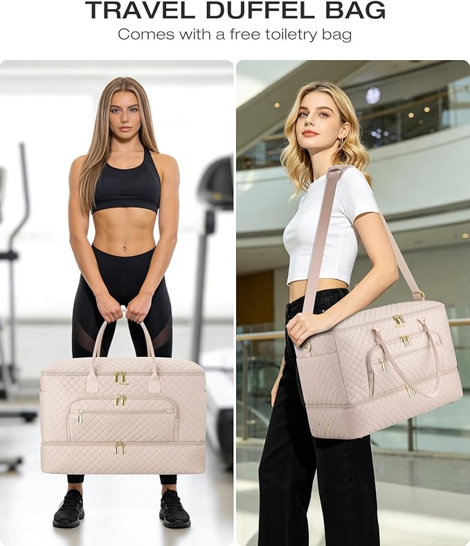 Travel Duffle Bag, Wide Open Large Weekender Bag for Women with Shoe Compartment, Carry on Overnight Bags with Toiletry Bag, Hospital Bag for Women Labor Delivery (Antiquewhite)