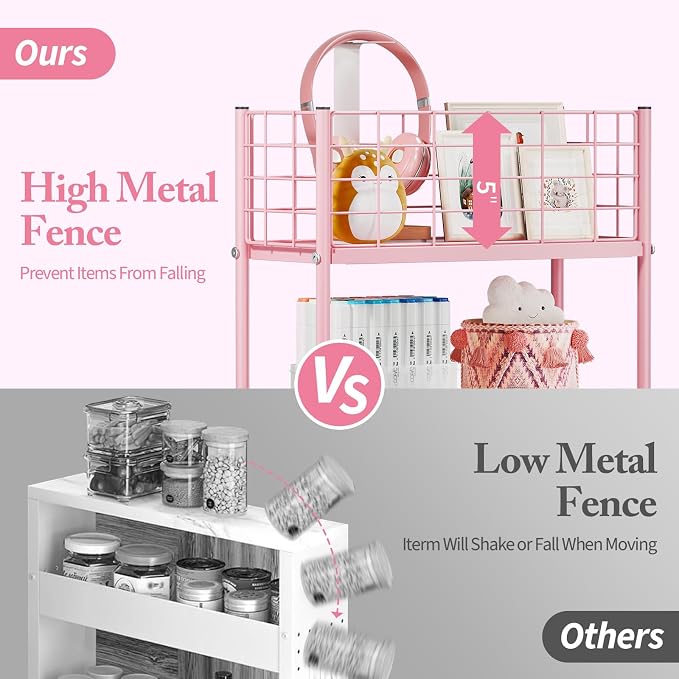 KINGRACK Slim Rolling Storage Cart 3 Tier - Heavy Duty Metal Utility Cart with Raised Edge & Wheels, Narrow Small Mobile Organizer Shelves for Bathroom, Kitchen, Laundry, Office, Living Room, Pink
