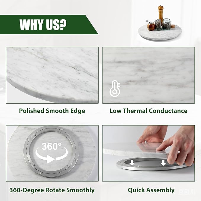 Marble Lazy Susan, 16” Lazy Susan for Table Top Detachable Turntable Organizer for Cabinet Pantry Kitchen Countertop Fridge Bathroom Makeup Vanity Countertop, Bianco Carrara