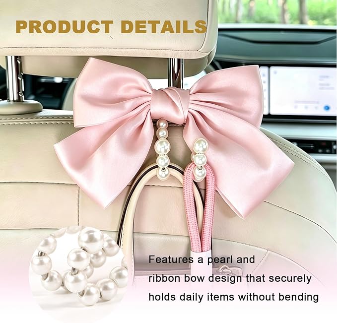 2 PCS Bow Pearl Car Seat Headrest Hook, Auto Rear Seat Hanging Organizer Elegant Pearl Decoration, Cute Bow Vehicle Interior Seatback Storage Hooks for Handbags Purses Groceries (Pink)