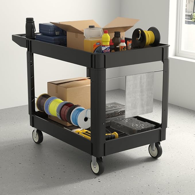 Plastic Utility Cart on Wheels, 45 x 25 Inch Rolling Service Cart-Black | 2 Shelf Work Carts, 500 lbs Capacity Heavy Duty Tool Cart W/Tub Storage & Deep Shelve, for Warehouse, Garage, Cleaning