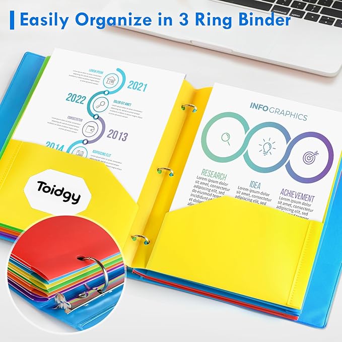 18 Pack 2 Pocket Folders with 3 Holes Punch, Plastic Folder for 3 Ring Binder, Heavy Duty Folder Bulk for Letter Size Paper, Assorted Colors Folder for School and Office Supplies