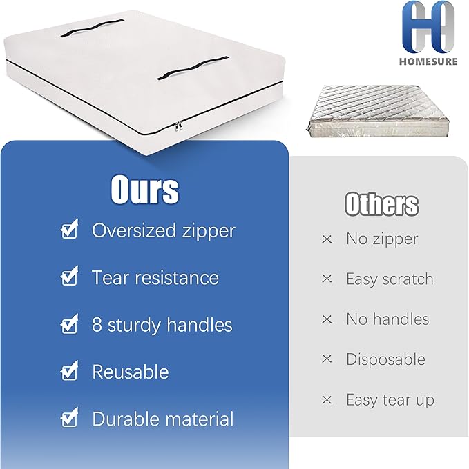 HOMESURE Mattress Bags for Moving and Storage with 8 Handles - Mattress Cover for Moving - Heavy Duty, Strong Zipper Closure, Moving Supplies & Moving Bag - Semi-Transparent, Cali King