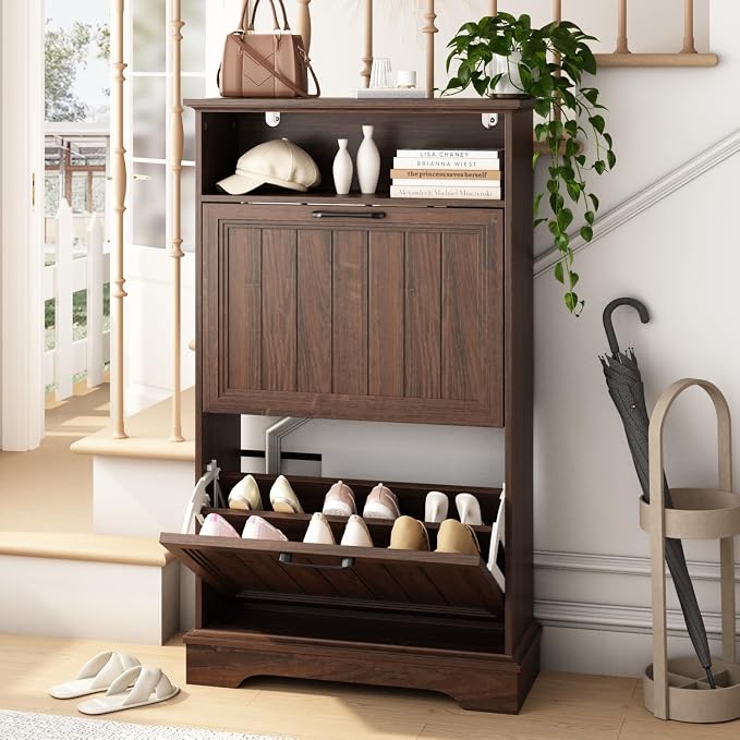 Shoe Storage Cabinet with 2 Flip Drawers, 24" W Farmhouse Modern Hidden Shoes Rack Cabinet with Adjustable Shelves & Open Storage, Narrow Slim Shoe Organizer for Front Door Entrance, Entryway, Walnut