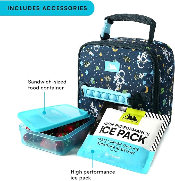 Arctic Zone Kids Lunch Box Combo with Gel Ice Pack and Sandwich Container, Insulated Bag for Travel Lunch, Sensory Fidget Toy Handle, Space Odyssey