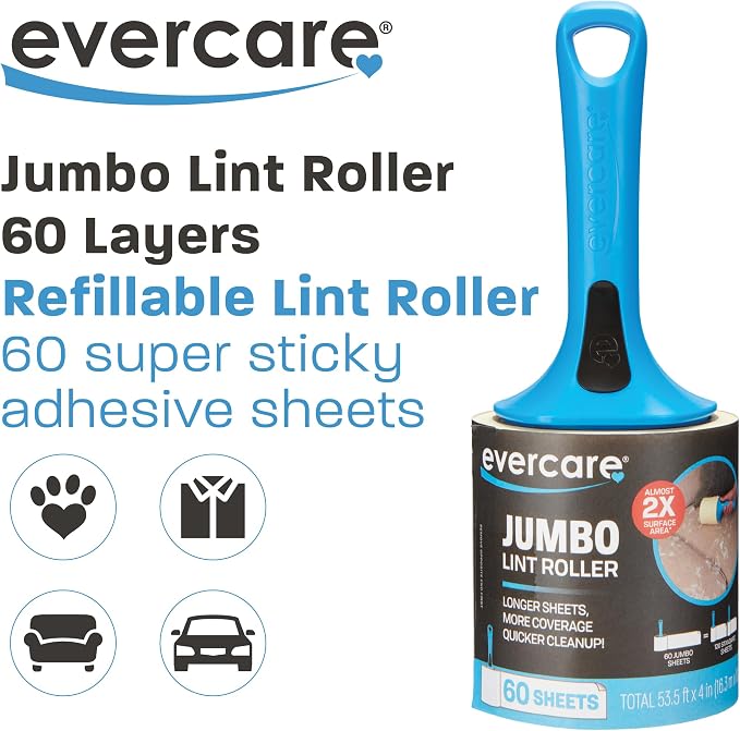 Evercare Jumbo Lint Roller, 60‑Sheet Extra‑Large Adhesive Roller with Blue Handle for Pet Hair & Lint