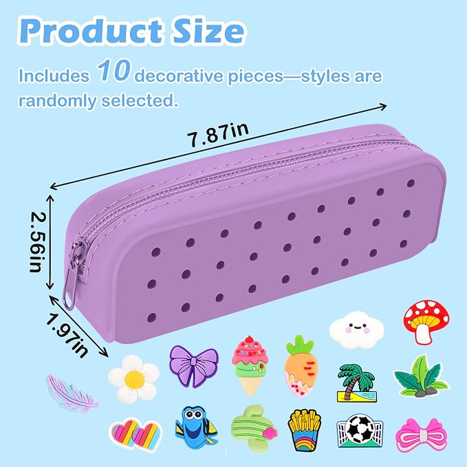 BestStone Silicone Small Pencil Pouch – Small Pencil Case with DIY Holes and 10 Decorative Charms, Multipurpose Makeup Bag or Stationery Organizer, Large Capacity(Purple)