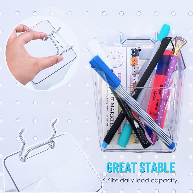 G.CORE Large Pegboard Cups Peg Board Storage Bin 6 Pack with Hooks, Square Box Shape Pegboard Cup Holder Accessories for Garage Workbench/Craft Room/Office/Playroom/Home Kitchen Organization (Clear) | Big Open-Mouth Cups, 1/8" 1/4" Pegboard Organizer A...