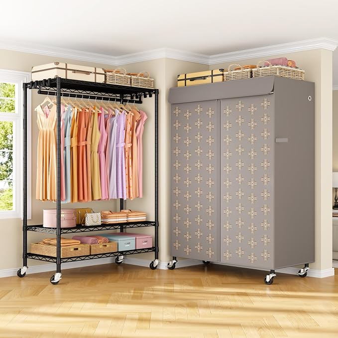 ULIFHOME Rolling Clothes Rack with Cover, Covered Clothing Rack Heavy Duty | P6C Plus Portable Closet for Hanging Clothes, Garment Rack on Wheels, Black Closet Rack with Pattern Cover, Max Load 375LBS
