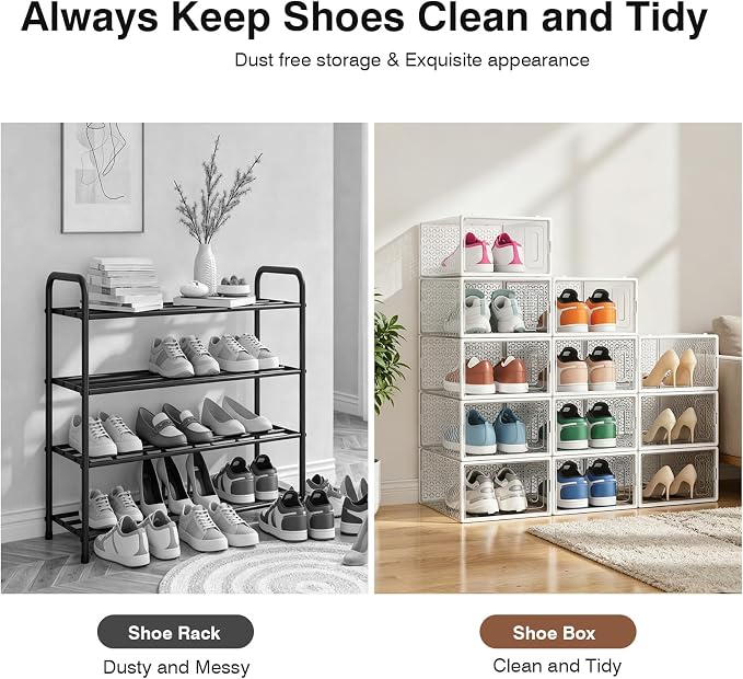 Shoe Boxes, 12 Pack Clear Plastic Stackable Shoe Storage Boxes Fit US Size 10, Ventilated Dust-Proof Sneaker Containers, Shoe Organizer for Closet, Entryway, 13.1 x 9 x 5.5 Inches, White