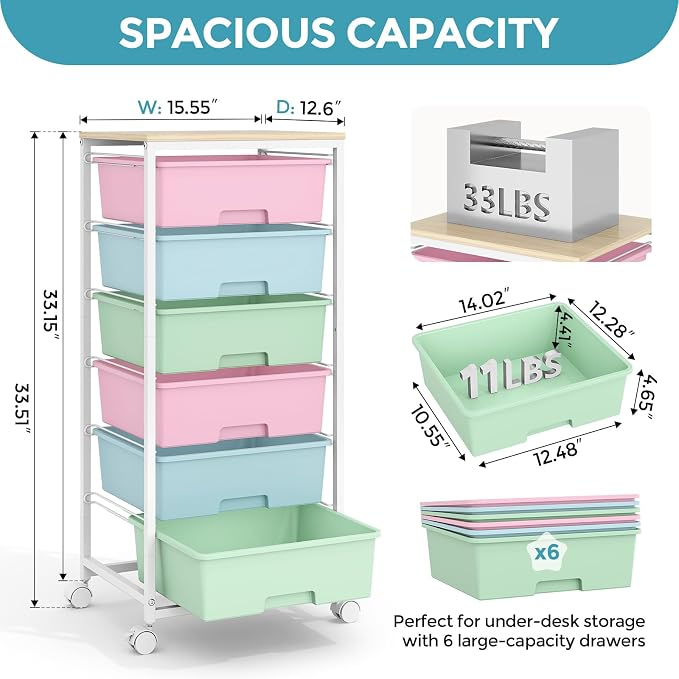Rolling Storage Cart with 6 Drawers and Wooden Tabletop, Lockable Wheels Utility Cart for Art Studios, Office Supplies & Craft Room Organization (Rainbow)