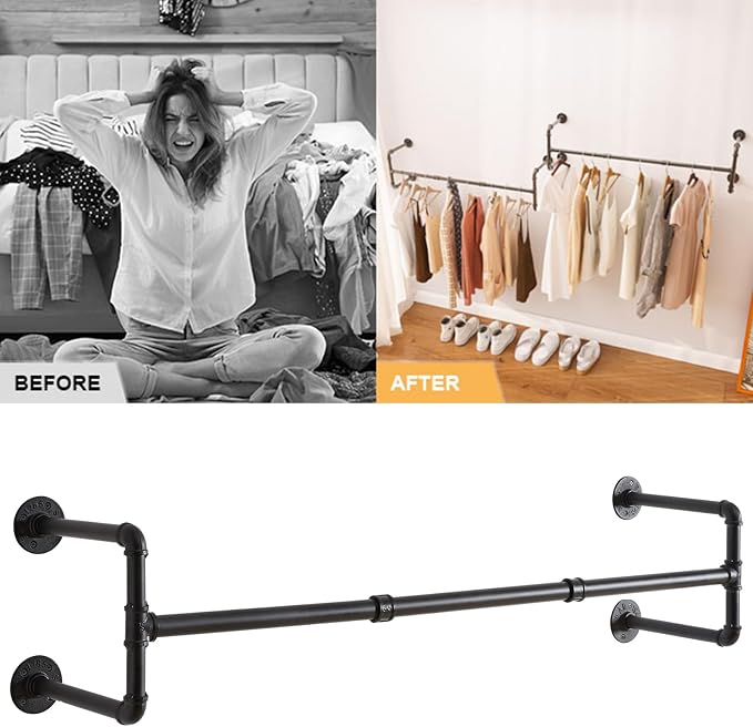 IBUYKE Industrial Pipe Clothes Rack Set of 2, 50 Inch Wall Mounted Clothing Rack, Space-Saving Hanging Closet Rod, Heavy Duty Multi-Purpose Garment Rack for Laundry Room(4 Bases), Black TYJ002H-2