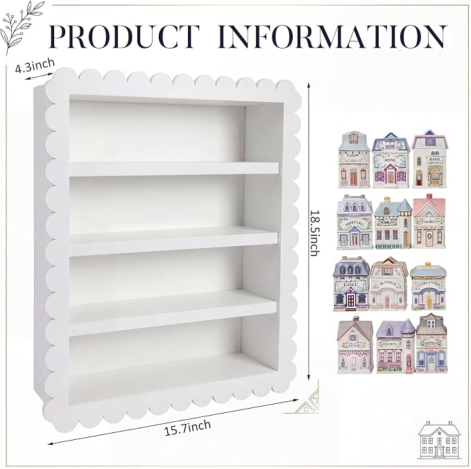 Chunful Spice Jar Wooden Rack White Scalloped Spice Shelf for 24 Jars, Village Style Wall Mounting Kitchen Storage Decorative Hanging Display Rack, Shelf Only