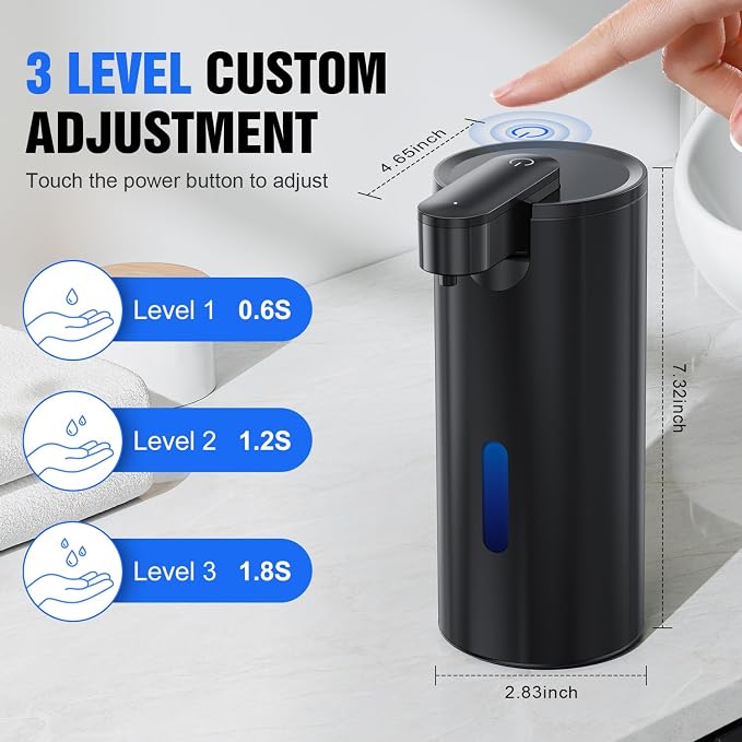 Fantictas Automatic Soap Dispenser Touchless, Stainless Steel 11.5 oz Liquid Hand Soap Dispenser, USB-C Rechargeable Sensor Pump with 3 Adjustable Levels for Kitchen & Bathroom