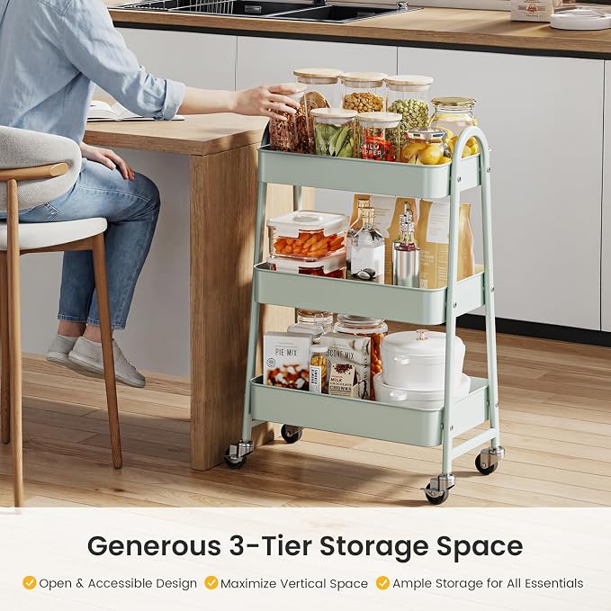 DUMOS 3 Tiers Rolling Cart, Utility Cart, Metal, Light Green | Mobile Storage, Lockable Wheels, Utility Shelving Unit, Kitchen, Bathroom, Laundry, Narrow Places
