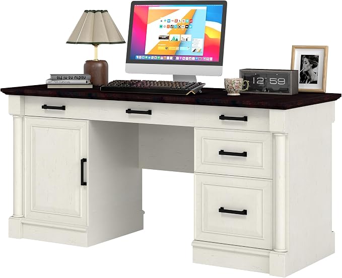 blini Large Farmhouse Executive Desk with Drawers，Wood Computer Desk，Embossed Texture Home Office Desk with File Cabinet Storage, Cable Management, Keyboard Tray，Working Table for Work Study Writing