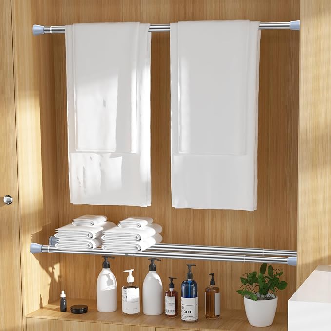 MEXAU Tension Curtain Rod for Windows 27 to 50 Inch，Silver Spring Tension Rods short curtain rod Adjustable Spring Rod Extendable Tension Rod for Kitchen, Bathroom, Window, Bookshelf.