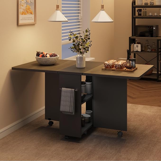 GAOMON Folding Dining Table, Drop Leaf Dining Table with 6 Wheels and 2-Layer Storage Shelf, Foldable Kitchen Table, Space Saving Table for Small Spaces, Areas, 47.2" Oak