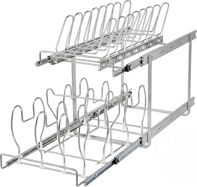 Garvee 2 Tier Pull Out Pots and Pans Organizer, 12" W *22.5" D | Adjustable Dividers, Slide Out Cookware and Storage Organizers for Kitchen Cabinets, Pot and Pan Holder Rack