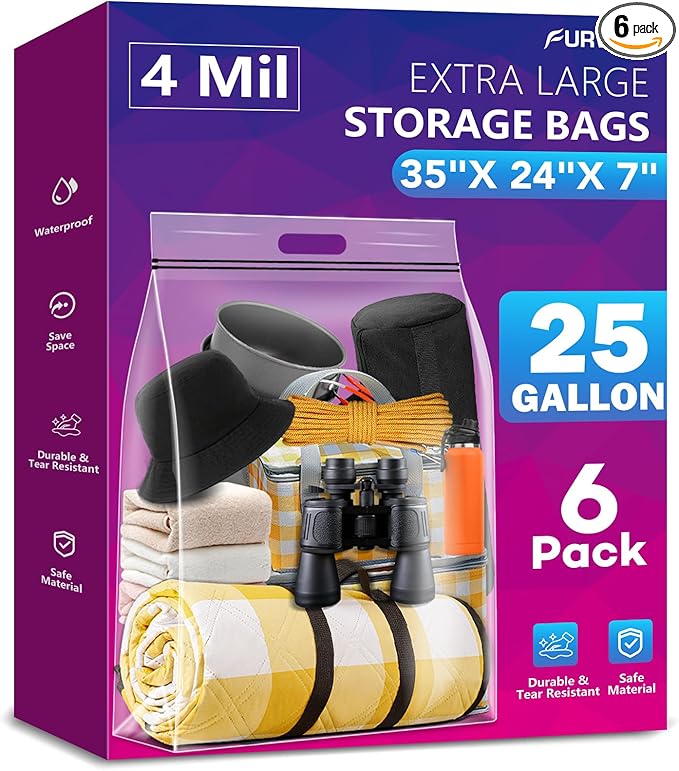 FURWEY 25 Gallon Extra Large Storage Bags 35”x 24”Resealable Clear Bags with Handle 4 Mil Thick Heavy Duty Big Bag for Clothes Pillow Travel Moving,Bedding,Shoes and Toys Storage, Pack of 6