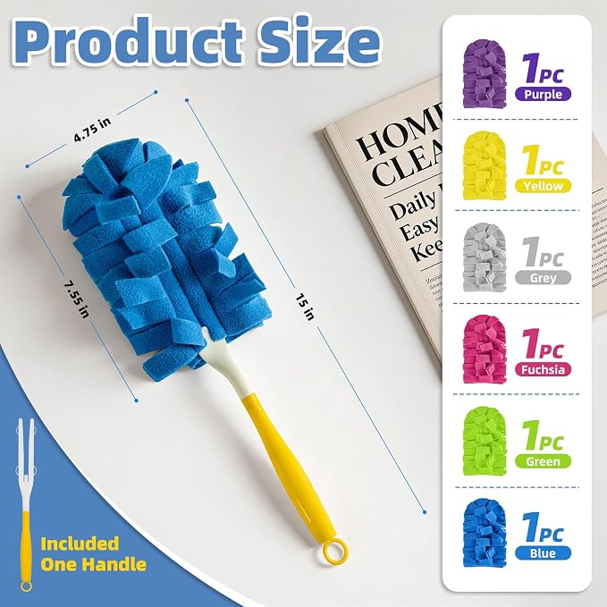 6 PCS Fleece Reusable Duster Refills for Swiffer, Washable 360 Dusters for Cleaning, Fans, Floors, Blinds, Windows (Include 1 Handle & Laundry Bag)