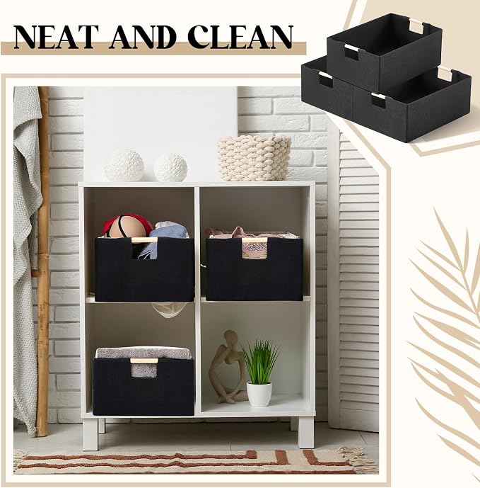 Cinnvoice 3 Pack Fabric Storage Bins for Closet Shelves, 15 x 10.6 x 6 Inch Black Rectangle Wardrobe Organizer with Handle, Collapsible Shelves Storage Basket for Sorting Clothes and Toy